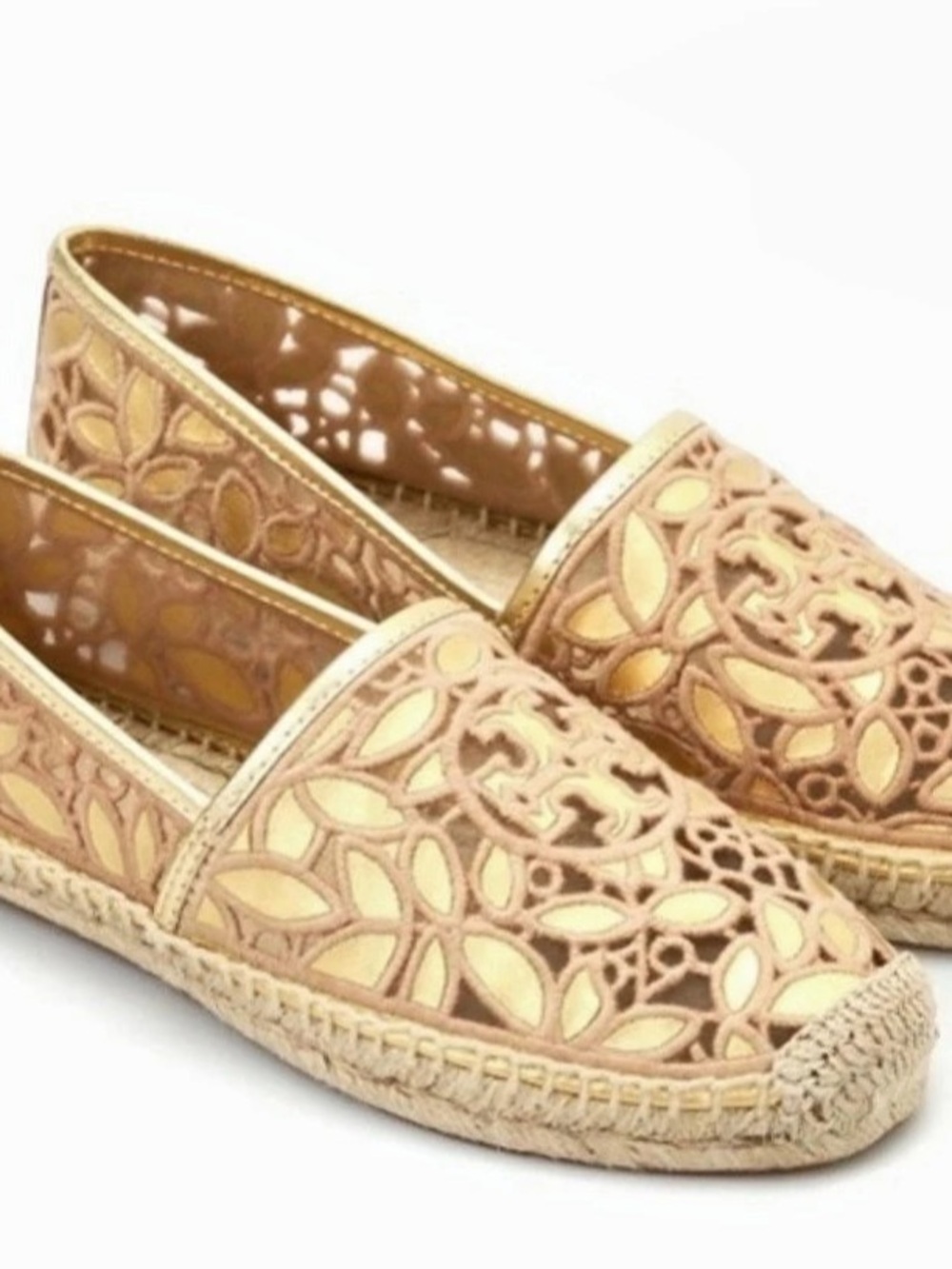 Tory Burch Gold Rhea Lace Cutout Espadrille Slip On Flats 9.5